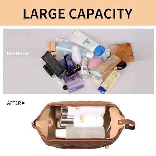 Abiudeng Large Capacity Makeup Bag Ladies Cosmetic Bag Travel Bag with Compartments Portable PU Leather Travel Makeup Bag with Handle