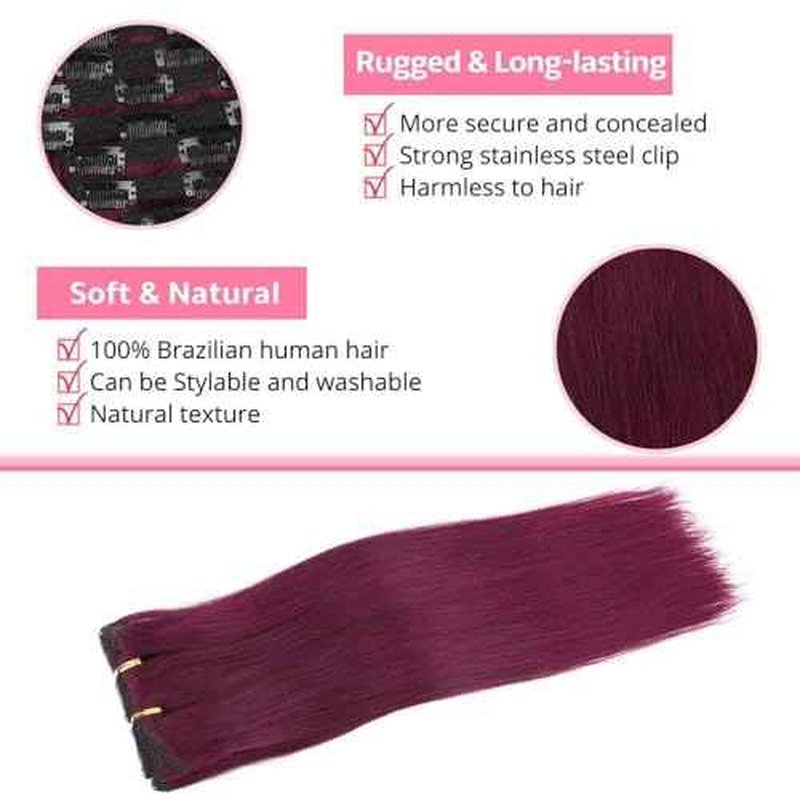 ShowJarlly Clip in Hair Extensions Real Human Hair 16 Inch Straight Clip Ins 8 Pcs Brazilian Remy Hair Extensions for Women #99J Burgundy