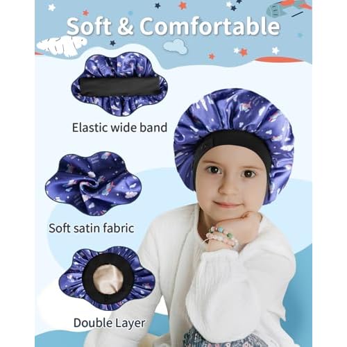Kids Bonnet, Soft Silk Satin Bonnet for Girls Boys, Double Layer & Wide Elastic Band Kids Sleeping Cap, Adjustable Night Hat for Child Natural Hair Curly Hair (Blue Spaceship)