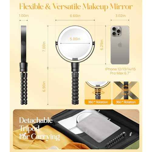 Gospire 5.85¡± Tripod Travel Makeup Mirror with Lights and Magnification 1X/10X, 4 in 1 Winding Hanging Handheld Tabletop, 3 Light Colors and Adjustable Brightness ? Black