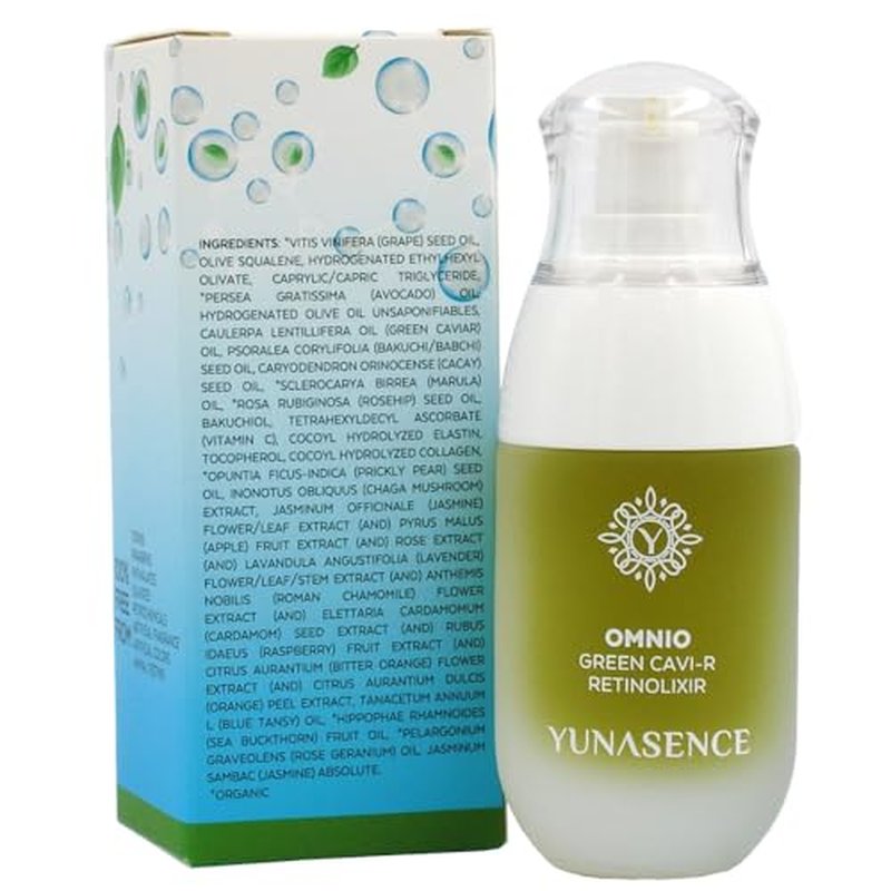 YUNASENCE OMNIO Green Cavi-R Retinolixir, w/3% Bakuchiol, Marula, Vitamin C, Chaga Mushroom. Anti Aging, Antiwrinkle.
