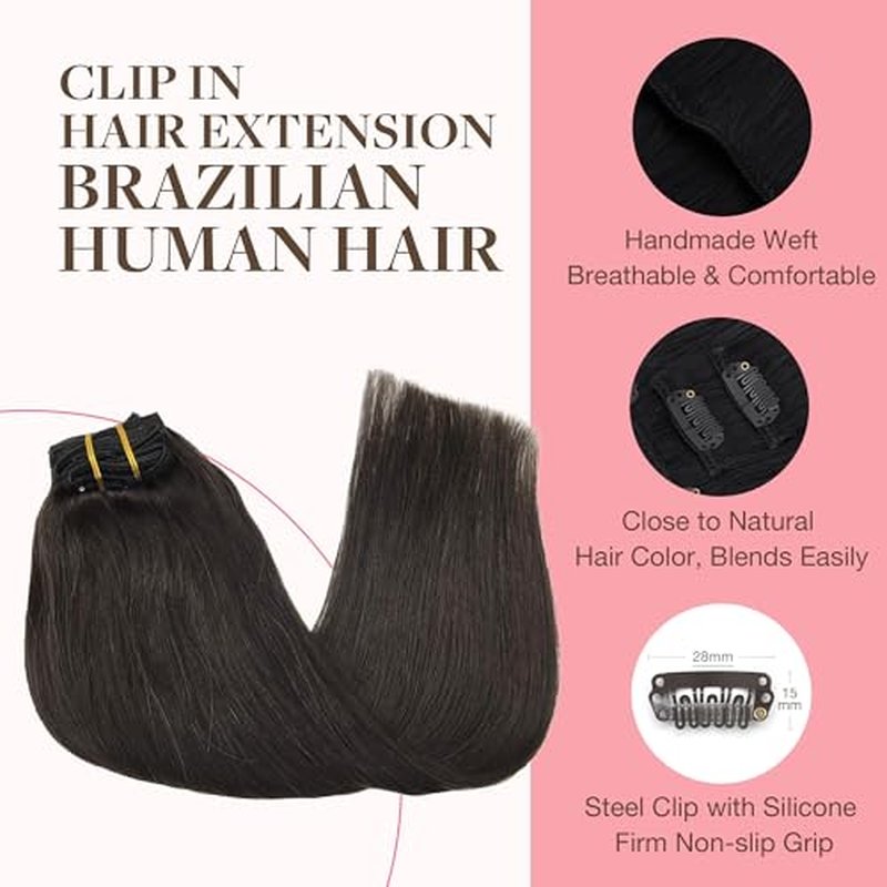 GOO GOO Clip in Hair Extensions Real Human Hair, Remy Human Hair Extensions Clip ins for Women, Natural Human Hair, 18inch 120g 7Pcs, 2 Dark Brown