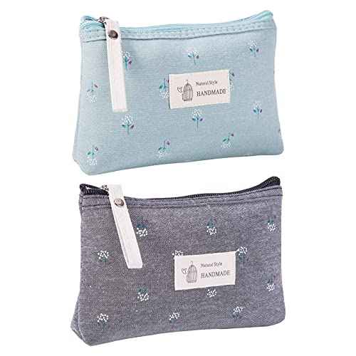 Qikuver Canvas Cosmetic Bags, 2 Pieces Cosmetic Bags for Women, Makeup bag Cute Cosmetic Bag Organizer Small Mini Makeup Pouch for Purse Toiletry Bag