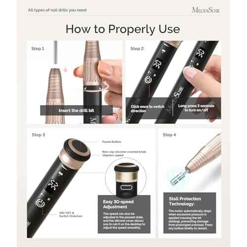 MelodySusie Pen-Shaped One-Hand Stepless Speed Adjustment Cordless Nail Drill, SM220G 30000RPM Portable Rechargeable Electric File for All Manicure Shaping & Acrylic Gel Removal for Pros at Home