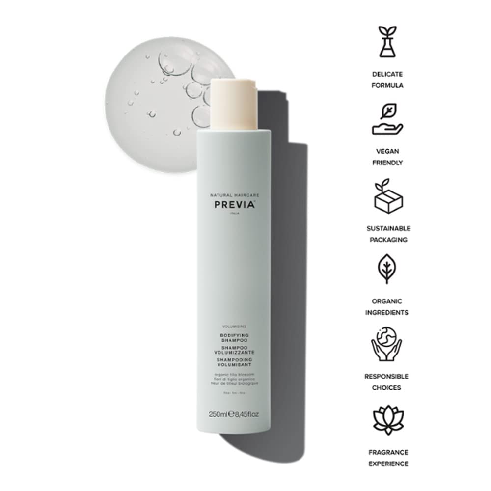 PREVIA Volumizing Bodifying Shampoo Anti-Dandruff Volumizing Shampoo for Fine Thin Hair Natural Formula with Organic Tilia Blossom Vegan Sulfate Free Strengthens Adds Volume & Shine 8.45 oz