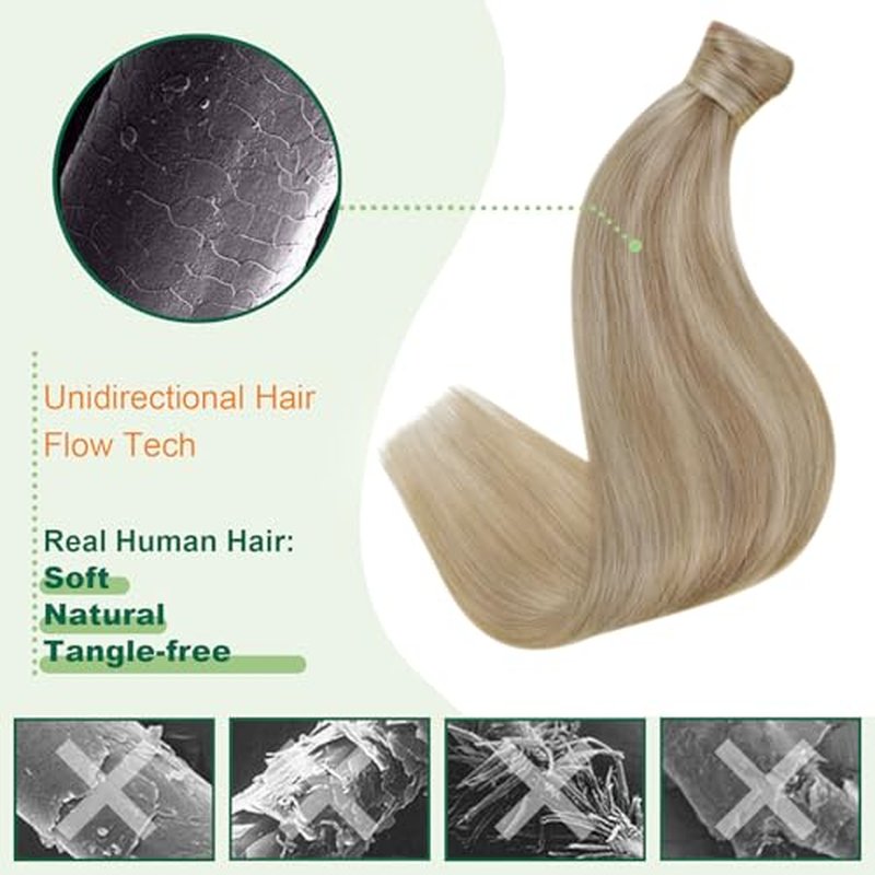 Easyouth Ponytail Extension Human Hair Blonde Pony Tails Hair Extensions Golden Blonde Highlighted Blond Wrap Around Ponytail Extensions for Women 12 Inch 70g