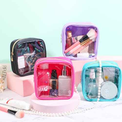 Hushee 4 Pcs Clear Nylon Makeup Bag for Women Gifts Preppy Cosmetic Bag PVC Travel Toiletry Zipper Pouch Waterproof Storage Organizer Pouch for Women(Mini)