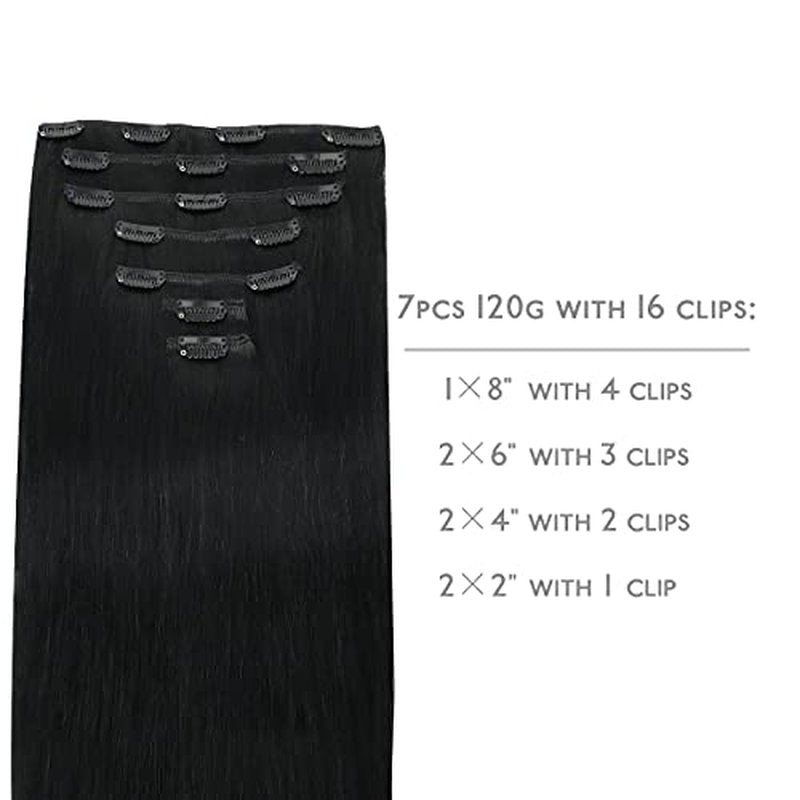 Wennalife Clip in Jet Black 16 Inch 120g 7pcs Human Hair Extensions Remy Clip in Hair Extensions Double Weft