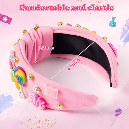 PANTIDE Candy Jeweled Knotted Headband - Halloween Rainbow Lollipop Rhinestone Embellished Preppy Headband Non Slip Wide Top Knot Hairband Hair Accessories Birthday Gift for Women Girls (Pink)