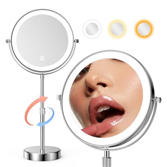 Nicesail LED Lighted Makeup Mirror Tabletop, 10X Magnifying Mirror with 3 Color Lights, Brightness Adjustable Height, Light up for Desk Make up Vanity Table, Double Sided Chrome Finish (8 Inch, 10X)