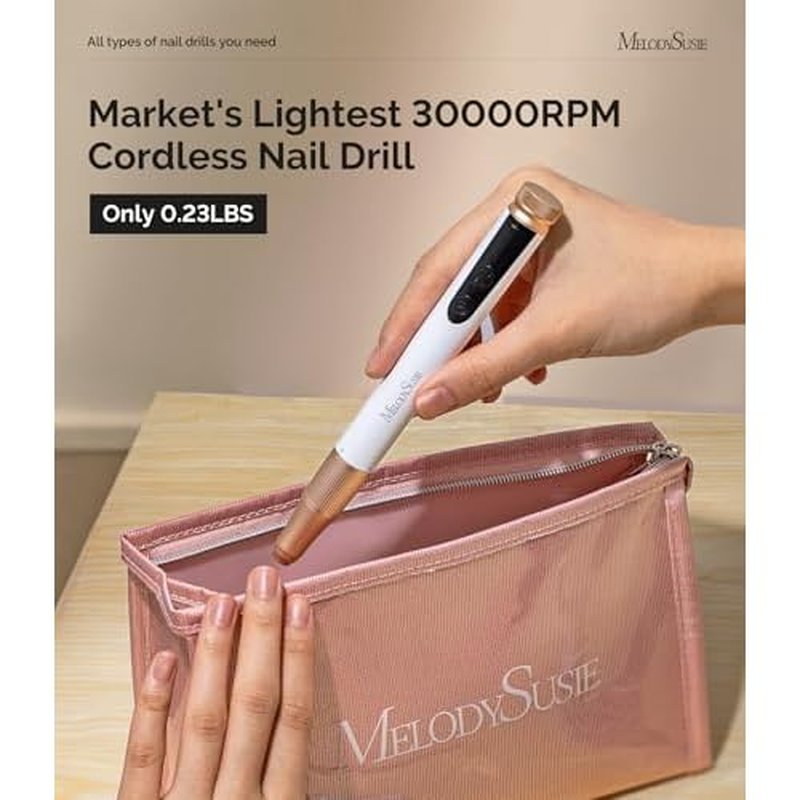 MelodySusie Pen-Shaped Cordless Nail Drill with Adjustable Stepless Speed,SM180F 30000RPM Portable Rechargeable E-File with LED Display for All Manicure Shaping & Acrylic Gel Removal for Pro at Home