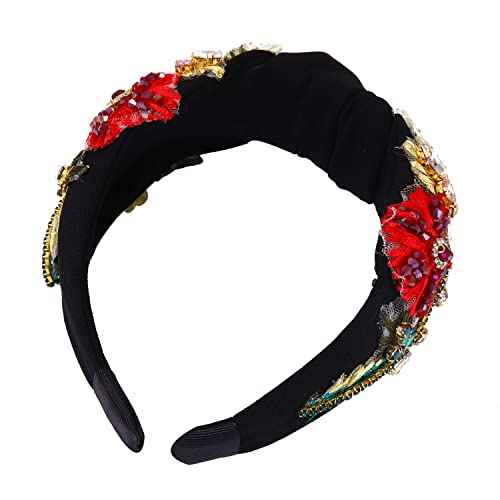 ZITULRY Rhinestone Headband For Women Statement Crystal Knotted Turban Hairband Handmade Beaded Embroidered Flower Hair Hoop Elastic Fancy Wide Hair Accessories for Girls Jewelry Gift, Black