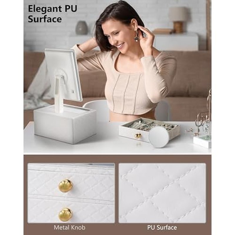 Star Vision 2-in-1 Lighted Makeup Mirror with PU Jewelry Organizer, Dimmable 6,000K Cool White Light, 2-Layer Drawers, PU Surface with Stitching, Includes a 10X Magnification Mirror, White