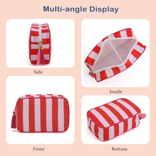 Large Stripe Canvas Zipper Makeup Bag,Aesthetic Tassel Travel Cosmetic Bag,Coquette Toiletry Bag, Girls Handbags Purses,Accessories Storage Bag for Women Girls (Pink)