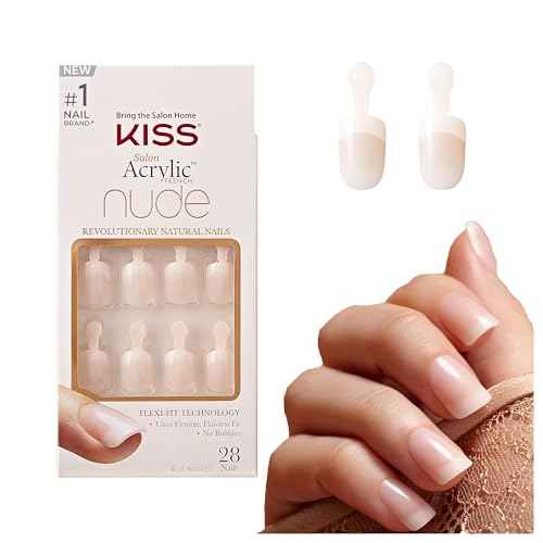 KISS Salon Acrylic Nude French Tip Press On Nails Short, ¡®Breathtaking¡¯, Beige, Squoval, Includes 28 Fake Nails, Nail Glue 2g, 1 Manicure Stick, 1 Mini File
