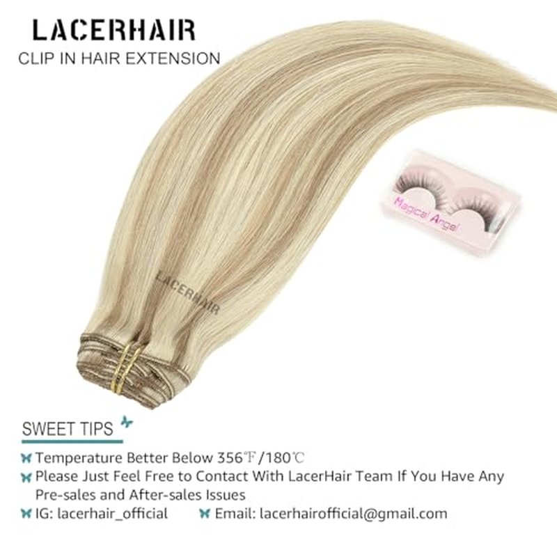 Lacer Clip In Hair Extensions Real Human Hair Soft Virgin Light Brown Highlighted Platinum Blonde Human Hair Clip in Extensions Thick Full Head 120g 7 Pieces 18 Inch