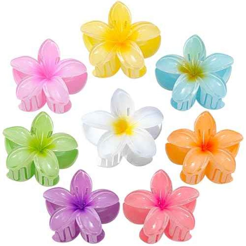 Flower Hair Clips for Women, 8 PCS Hawaiian Claw Clips for Vacation Hibiscus Hair Claw Clips Cute Large Hair Clips for Thick and Thin Hair Plumeria Hair Accessories