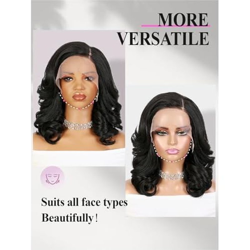 WIGER Short Lace Front Wig Pre Plucked Curly Bob Wig for Women Natural Lace Hairline Loose Wave Synthetic Wig for Daily Party Halloween (Nature Black)