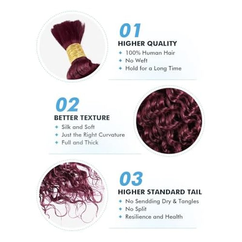 Human Braiding Hair for Boho Braids Burgundy Curly Boho Hair for Braiding Knotless 12A Deep Wave Bulk Bohemian 2 Bundles/Pack Color 99J 100g 20 Inch