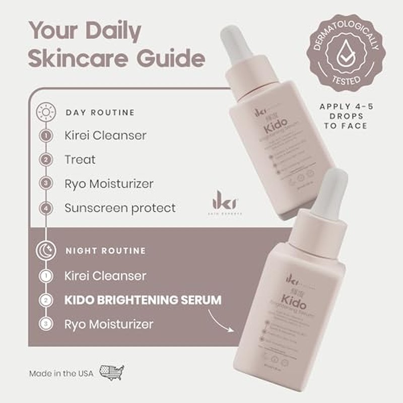 KIDO Brightening Serum - Reduces Dark Spots, Evens Skin Tone, Hydrates Deeply, Non-Irritating Formula, Kojic Acid, Alpha Arbutin, Retinol Serum for Face, Centella Asiatica, & Vitamin E