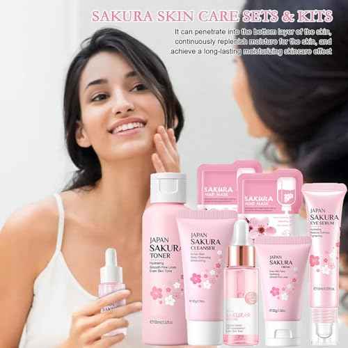 Skin Care Set Sakura Women Beauty Gift Sets Korean Skin Care Kit- Cleanser,Serum,Face Cream,Toner,Eye Cream,Mud Mask-Skin Care Routine Kit (One Size, Cherry Blossom-StyleA-Bae Moisturizing)