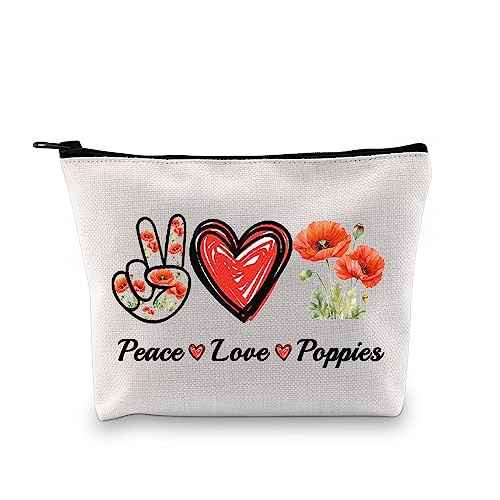 JXGZSO Red Poppy Flower Gifts Peace Love Poppies Cosmetic Organizer Bag Flowers Lover Gift Botanical Zipper Canvas Pouch