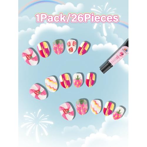 EBANKU 1 Pack Kid Fake Nail Kit, 24 Pieces Strawberries Press on Nails for Kids Almond Press on Nail Short Artificial False Nail Kits for Kids Girls