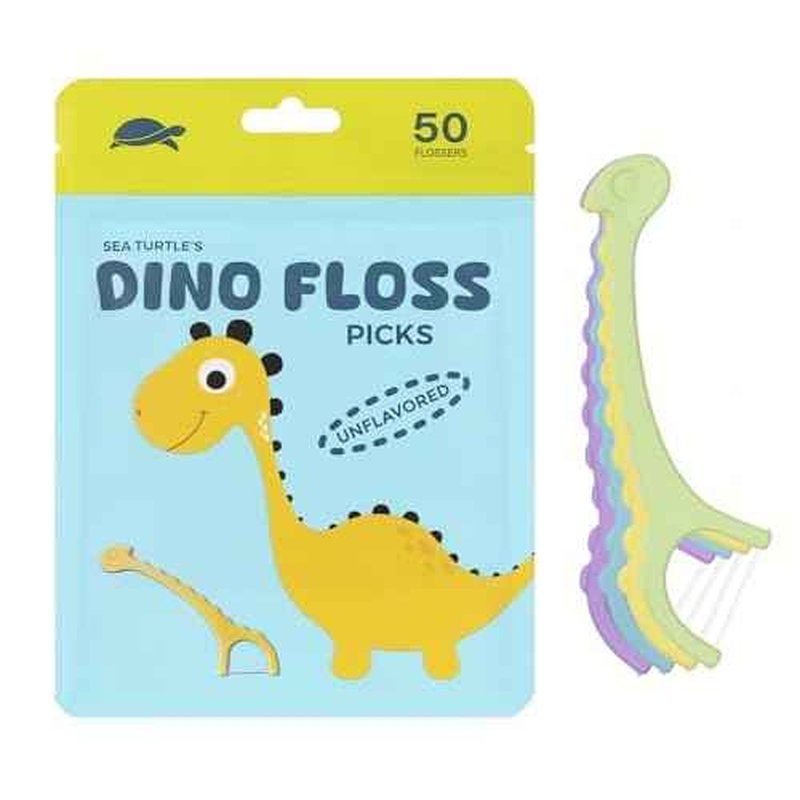 Sea Turtle Kids Dino Floss Picks - Corn Starch Handle - Thin Thread Tooth Dental Flossers - Unflavored (50)