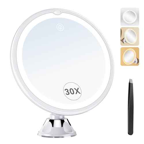 2025 Upgraded 30X Magnifying Mirror with Light, 8" Vanity Mirror with Power Suction Cup and Tweezers, 360¡Æ Swivel, Portable Bathroom Mirror with 3 Color Touch Dimmable Lights for Home Travel