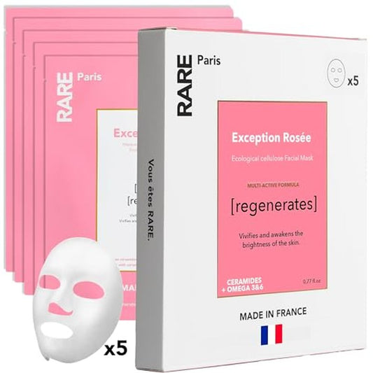 RARE Paris - Exception Ros?e - Regenerating Facial Sheet Mask - Hydrating & Brightening - With Ceramides & Omega-3 & 6 - Brightening, Firming & Revitalizing - Multi-Active Serum Formula - 5 Pack