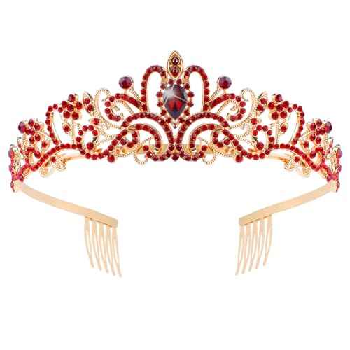 COCIDE Red Tiara Crowns Aurora Borealis Crystal Headband Princess Ruby Rhinestone Crown with Combs Bride Headbands Bridal Wedding Prom Birthday Party Hair Accessories Jewelry for Women Girls