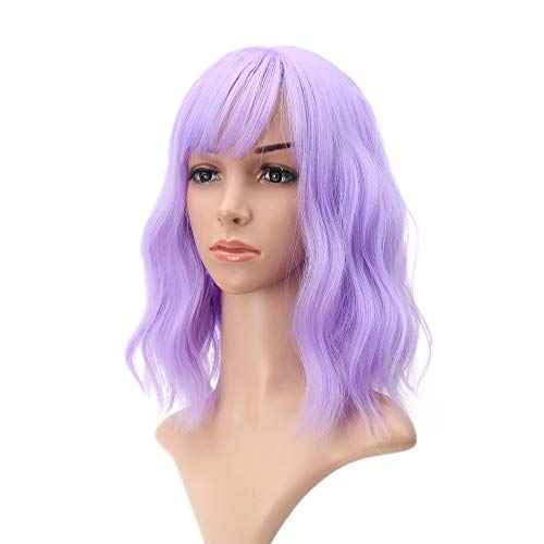 FAELBATY Short Wavy Purple Wigs With Air Bangs Shoulder Length Wig For Women Girls Curly Wavy Synthetic Halloween Cosplay Costume Wigs (12" Purple)