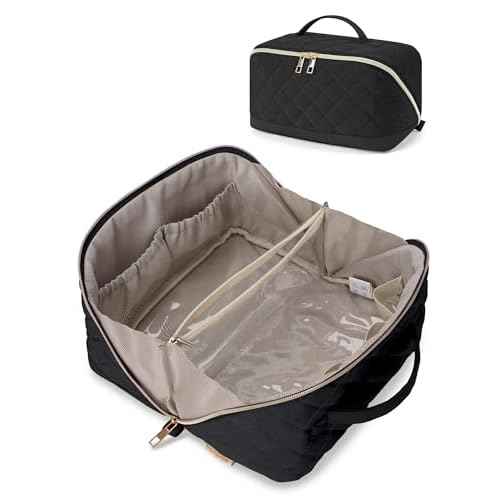 Wandering Nature Travel Makeup Bag,Travel Make up Bag with Large Capacity,Quilted Makeup Organizer Bag, Open Flat Travel Toiletry Bag for Women Cosmetic Bag with Divider and Handle,Patent Pending