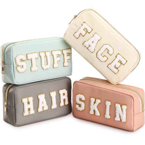 Cunno 4 Pcs Preppy Makeup Bags Chenille Letter Stuff Bag Nylon Cosmetic Pouch Cases with Zipper for Women Travel Toiletry