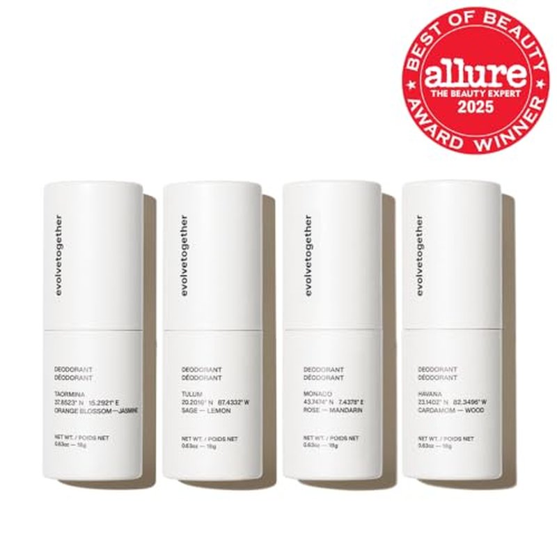evolvetogether Aluminum Free Natural Deodorant for Women & Men | 4 Pack Travel Set | Neutralizes Odors, Soothes Skin | Vegan, Cruelty-Free, Baking Soda Free | Made in USA (Discovery)