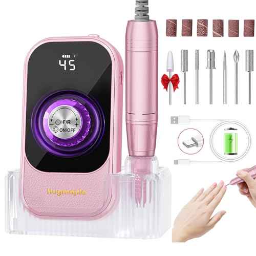 Professional Electric Nail Drill File, HUGMAPLE 45000RPM Portable E-File Machine with Bits & Base, Rechargeable Cordless Nail Drill Kit for Shaping, Removing & Polishing Gel Nails for Salon Home