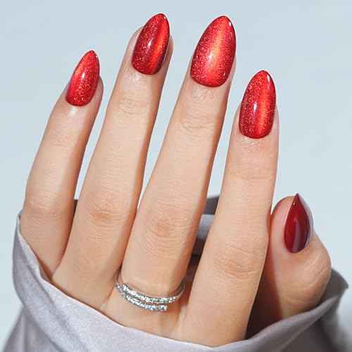 Press On Nails Almond - Bloody Claw, Red Cat Eye Halloween Press On Nails Short, Acrylic Square Glue On Nails with Nail Glue, Fit Perfectly & Natural Stick On Nails in 16 Sizes - 32 PCS Soft Gel Kit