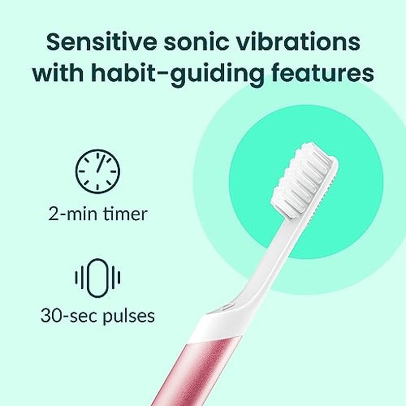 Quip Sonic Toothbrush for Adults - Timed Electric Toothbrush with Cover - Replaceable Brush Head, Soft Bristles, Metal Handle, 3 Month Battery Life - Travel Toothbrush - Pink