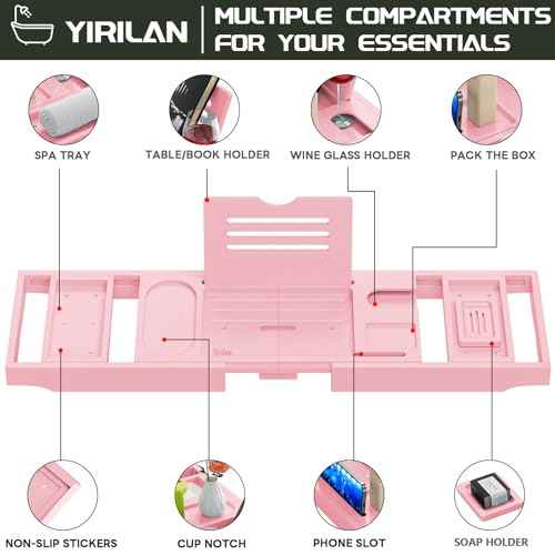 Yirilan Premium Bathtub Tray Caddy - Expandable Bath Tray - Unique House Warming Gifts, New Home, Anniversary & Wedding Gifts for Couple, Bridal Shower Gift for Women-Pink