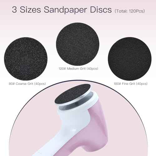 AprElm-E7 Rechargeable Electric Foot Callus Remover with 3-Sizes 120Pcs Sandpaper Discs, Professional 1000RPM 3-Speed Control Electric Foot File (Pink)