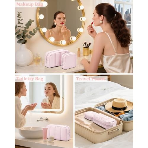 oscaurt 2 Pcs Makeup Bag Travel Toiletry Bag for Women Puffy Padded Cosmetic Pouch Purse Wide-open Makeup Organizer Case Travel Essentials