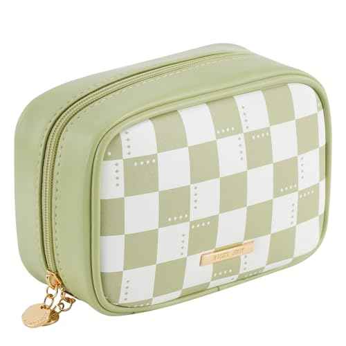 RIGHT AWAY Checkered Makeup Bag for Purse,Small Cosmetic Bag Organizer for Women, Travel Make Up Pouch Waterproof Toiletry Bag Cute Makeup Case for Travel Accessories(Green Checkerboard)