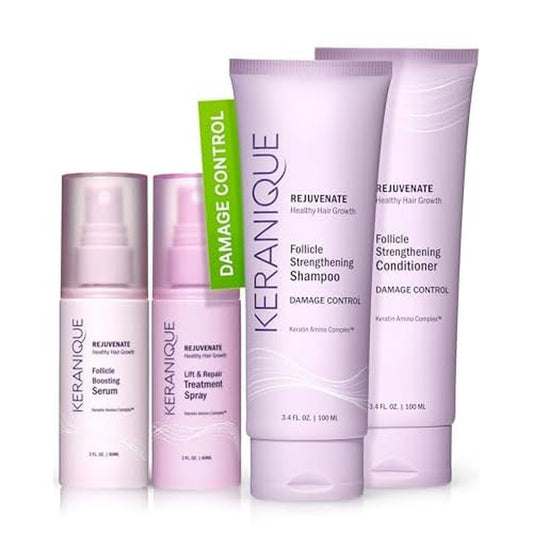 Keranique Damage Control Set for Thinning Hair - Shampoo & Conditioner for Damaged Hair, Follicle Booster Serum, Lift & Repair Spray - Keratin Enriched Repair Products for Dry, Thin Hair - Travel Size
