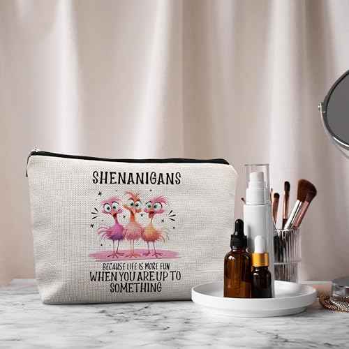 Funny Pink Flamingo Makeup Bag, Flamingo Gifts for Women, Pink Flamingo Gifts, Shenanigans Because Life is More Fun When You Up to Something Cosmetic Bags Toiletry Bag