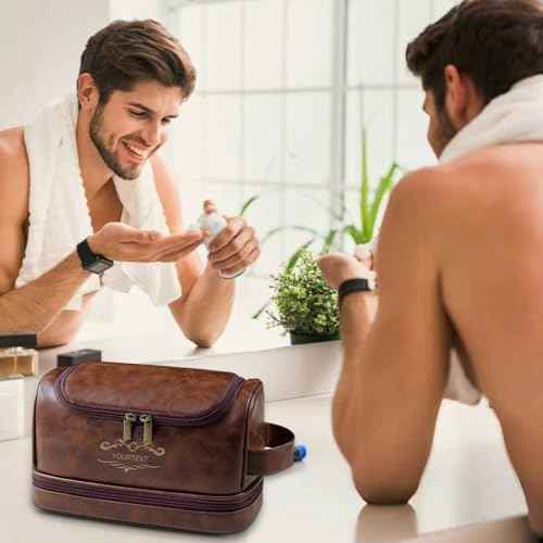Toiletry Bag for Men, Large Leather Shaving Kit, Travel Essentials, Gifts for Father, Dad, Boyfriend, Grandpa, Water-resistant Shaving Bag for Toiletries Accessories
