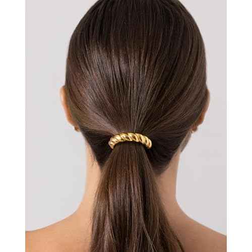 PAVOI 14K Yellow Gold Plated Waterproof Chunky Croissant Metal Hair Cuff for Women - Stainless Steel Statement Ponytail Cuff Fashion Accessories - Twisted Stretchy Gold Hair Ties for Ponytails