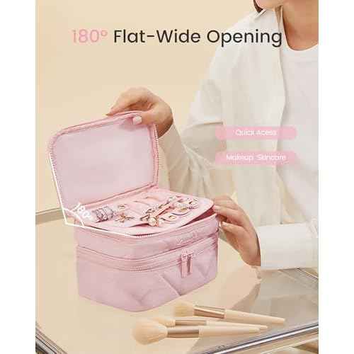 LOVEVOOK Travel Makeup Bag,Large Open Flat Tolietry Bag for Women,Waterproof Portable Cosmetic Pouch,Double Layer Quilted Makeup Bag Organizer With Handle,Travel Essentials,Gift for Her