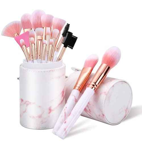 Makeup Brushes Set DUAIU 16PCS Marble Make up Brushes Foundation Eyeshadow Concealer Eyebrow Blush Face Mask Brush Set With Gift Box Make Up Tool£¨Pink)