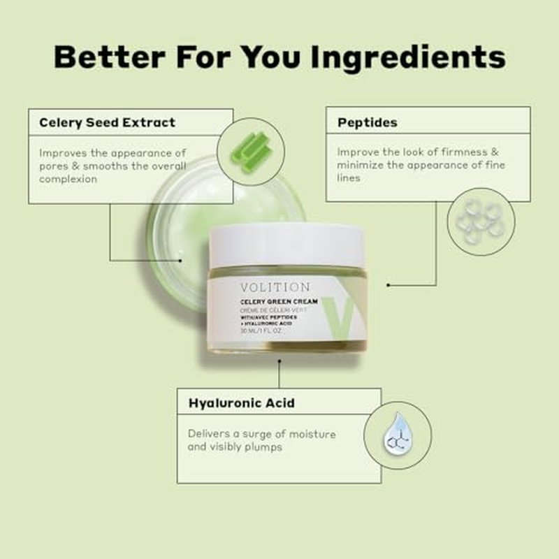 Volition Beauty Celery Green Cream with Hyaluronic Acid + Peptides - Purifies, Minimizes Pores and Controls Oil - 1oz