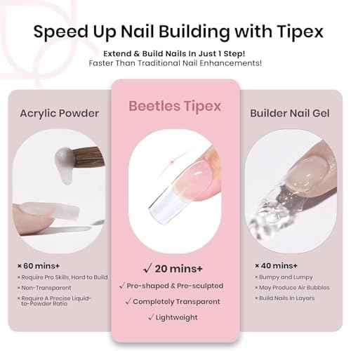 Beetles Tipex Nail Kit, Square Medium Nail Tips 224 Pcs 16 Sizes Pre-Etched Fake Nails with Tipex Nail Glue Mini Nail Lamp - Thick Acrylic Nail Set Pre-Builder Gel Press-on Nails